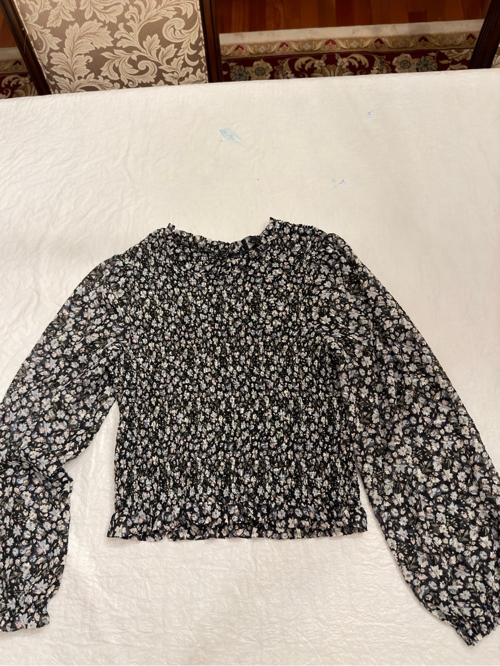 Laundry by Shelli Segal Floral Smocked Balloon Sleeve Blouse Large